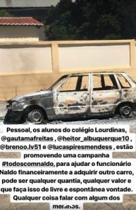 carro-pega-fogo-194x300 Alunos da escola Lourdinas lançam campanha #todoscomnaldo para ajudar funcionário que teve carro incendiado