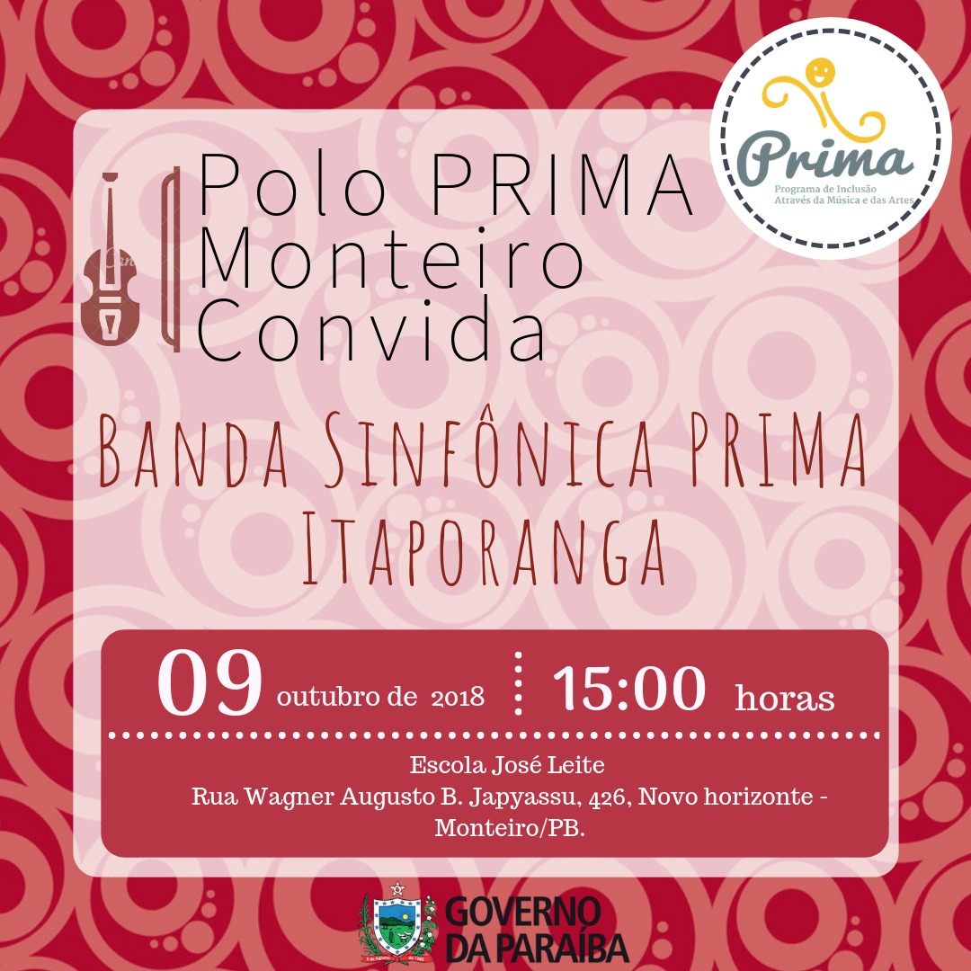 6e5bd5d3-3384-4a78-8949-b688df1bb5ed Recital didático da banda de música do Programa PRIMA polo Monteiro se apresenta hoje