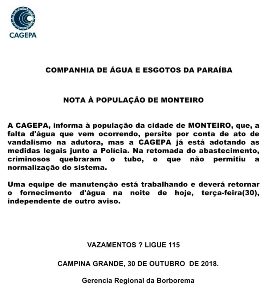 cagepa-monteiro Interrupção no fornecimento de água em Monteiro foi causada por atos de vandalismo