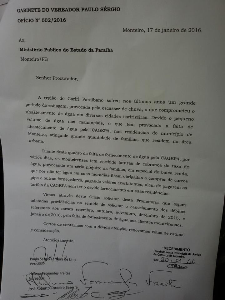 12583805_10205995205782359_340300945_n Grupo do Vereador Paulo Sérgio solicita cancelamento das taxas de água dos monteirenses junto a CAGEPA e ao Ministério Público