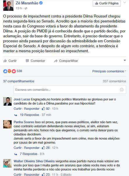 13020567_960361850738539_945539397_n Maranhão sinaliza voto pró-impeachment e é hostilizado nas redes sociais