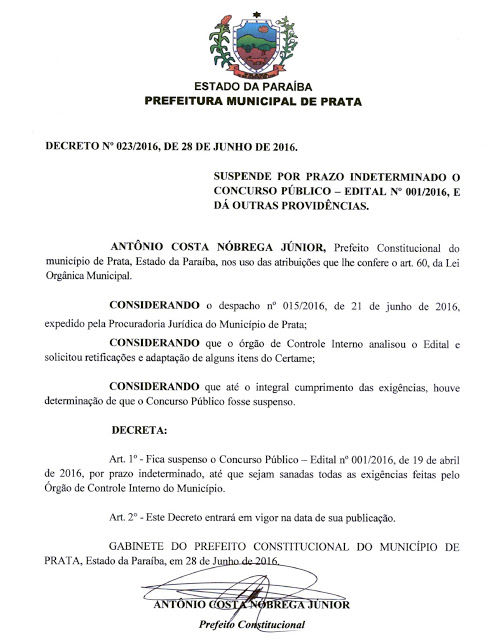 concurso-publico Prefeitura de Prata suspende concurso público por prazo indeterminado