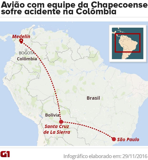 rota-chapecoense Avião com equipe da Chapecoense cai na Colômbia e deixa 76 mortos