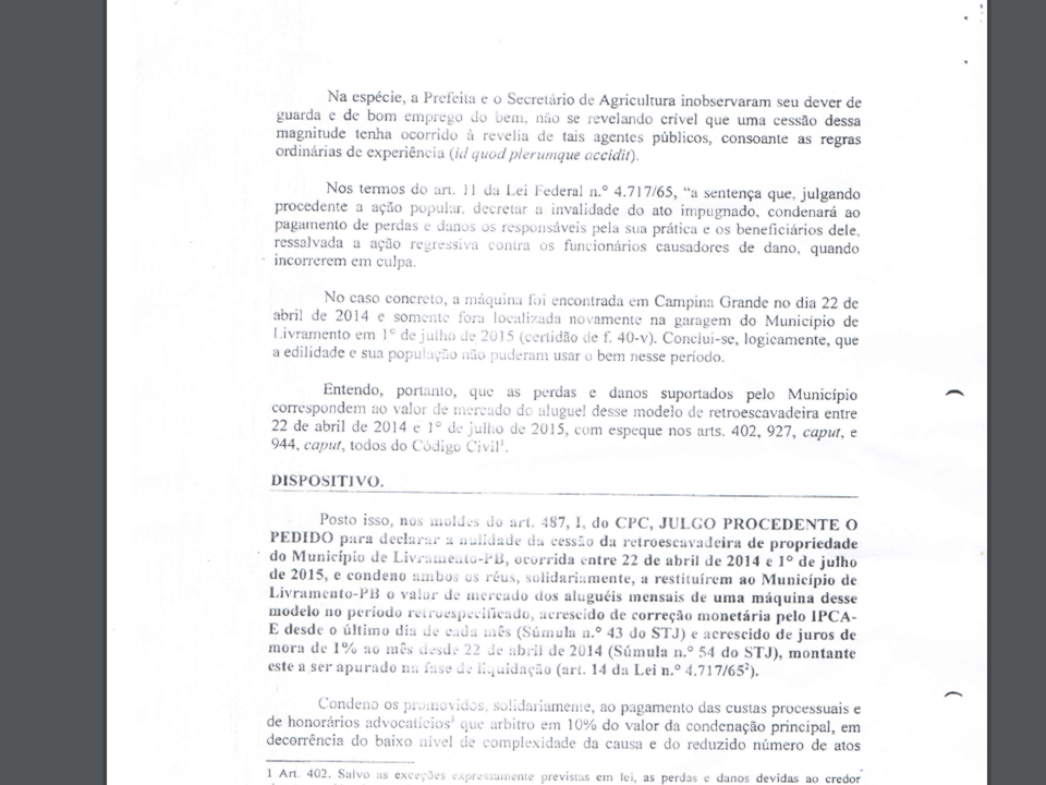 processo-livramento Prefeita de Livramento é condenada por alugar retroescavadeira do município à empresa privada