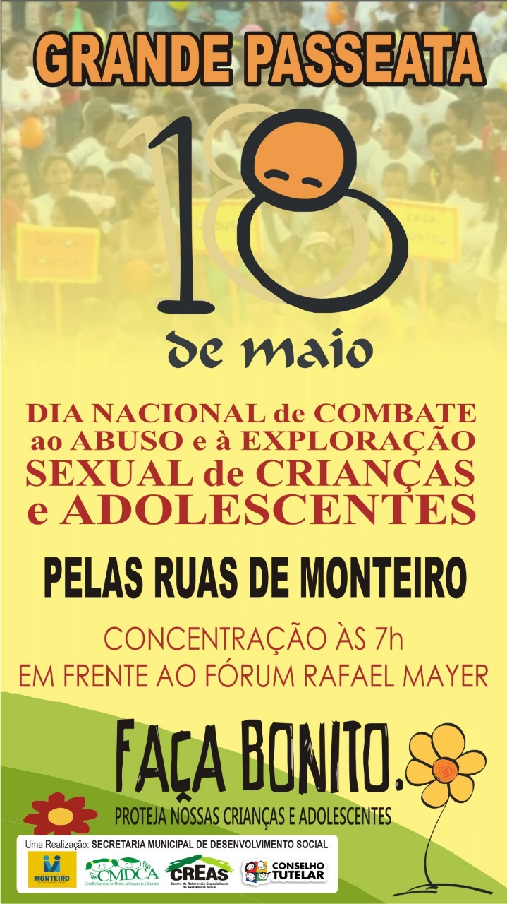 f51cc098-aed4-4172-8f8c-e86e3c089a90 Grande passeata em Monteiro amanhã contra a exploração e abuso sexual de crianças e adolescentes