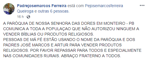 cx Padre faz alerta: Pessoas estariam comercializando produtos religiosos em nome da Paróquia de Monteiro