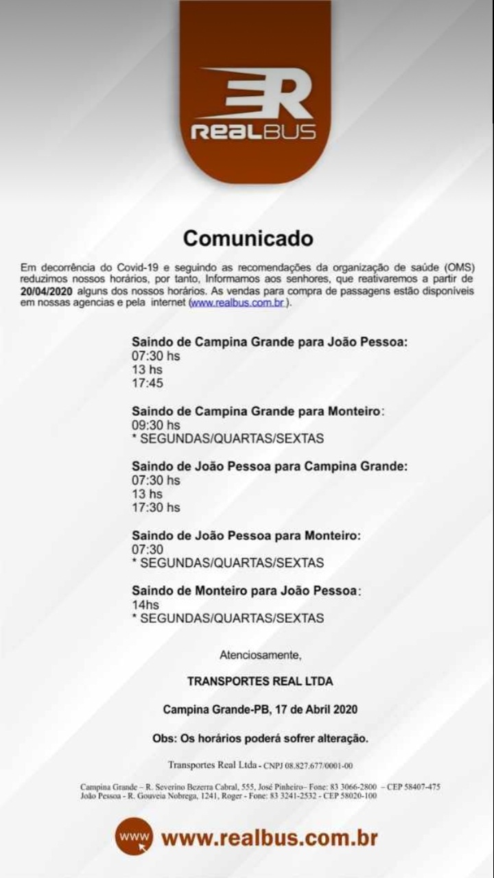 real-1 Confira novos horários das rotas João Pessoa, Campina Grande e Monteiro da Empresa Real Bus.