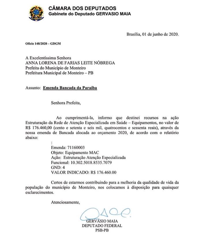 gervazinho Atendendo pedido de Conrado, deputado Gervásio Maia destina R$ 176 mil para saúde de Monteiro