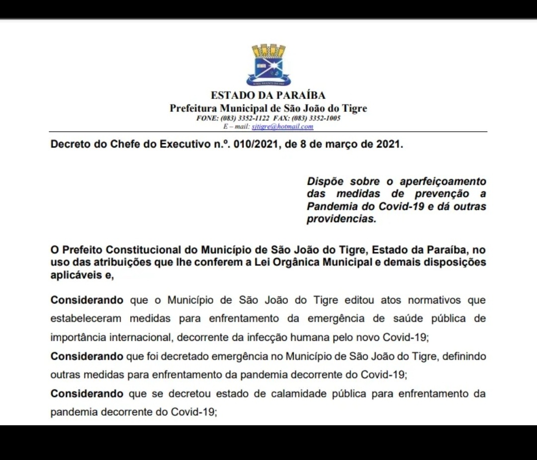 IMG_20210309_173436 Prefeito de São João do Tigre publica decreto com novas medidas restritivas para conter o avanço da Covid-19 no município