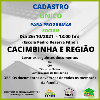 1.2-2 Prefeitura de São João do Tigre realiza cadastramento para programas sociais próximas segunda e terça feira