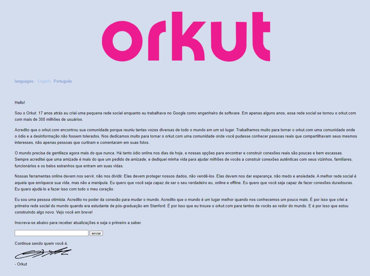 27183419687520 Orkut: site é reativado e fundador promete novidades “em breve”; veja a mensagem