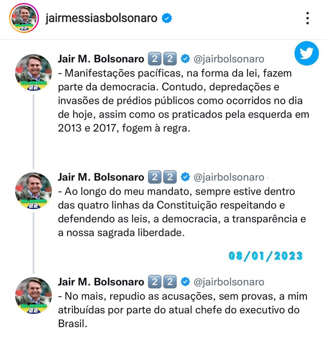 Screenshot_2023-01-08-21-30-21-489-edit_com.instagram.android Após invasões bolsonaristas no Congresso Nacional, Palácio do Planalto e STF, em Brasília, Jair Bolsonaro se pronuncia em rede social