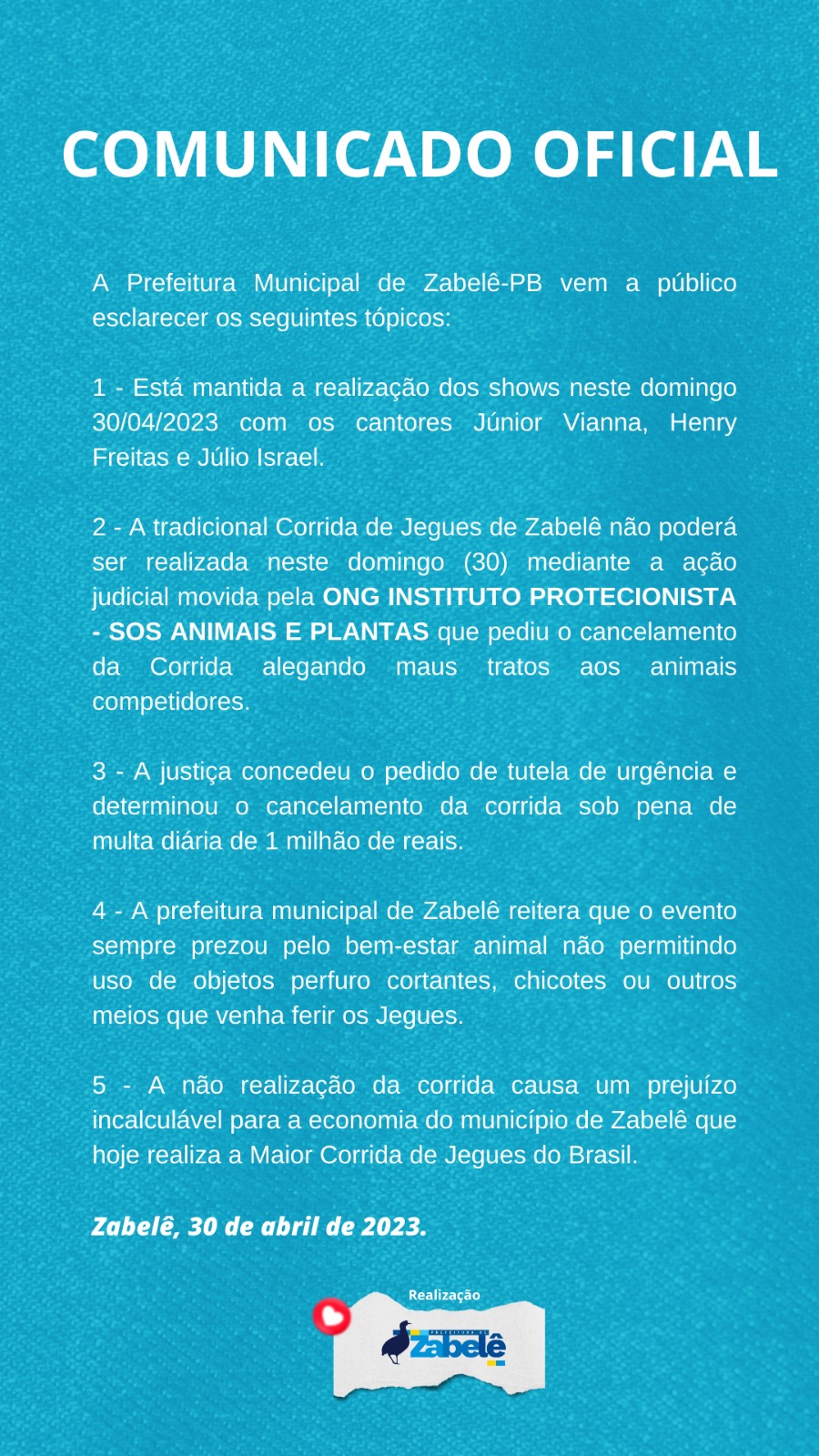IMG-20230430-WA0103 Prefeitura Municipal de Zabelê emite nota de esclarecimento após ONG cancelar 20ª Corrida de Jegues