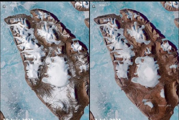 20230705-nareslandgreenland-599x400 Temperatura média do Ártico sobe 10ºC e derrete camada de gelo em ilha na Groenlândia; FOTO