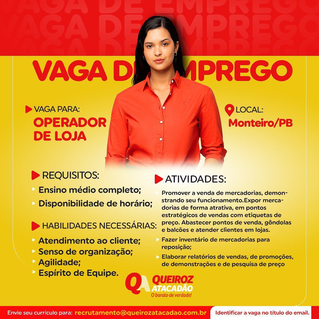 400139197 Atacadão anuncia oportunidades de emprego em Monteiro