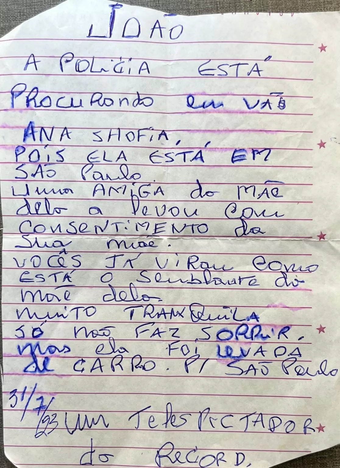 carta-sophia Carta anônima aponta possível paradeiro de Ana Sophia desaparecida há um mês em Bananeiras