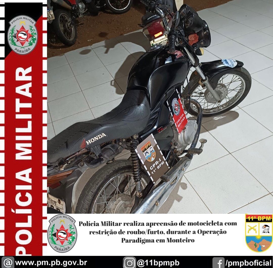 799489066 Polícia Militar realiza apreensão de motocicleta com restrição de roubo/furto em Monteiro