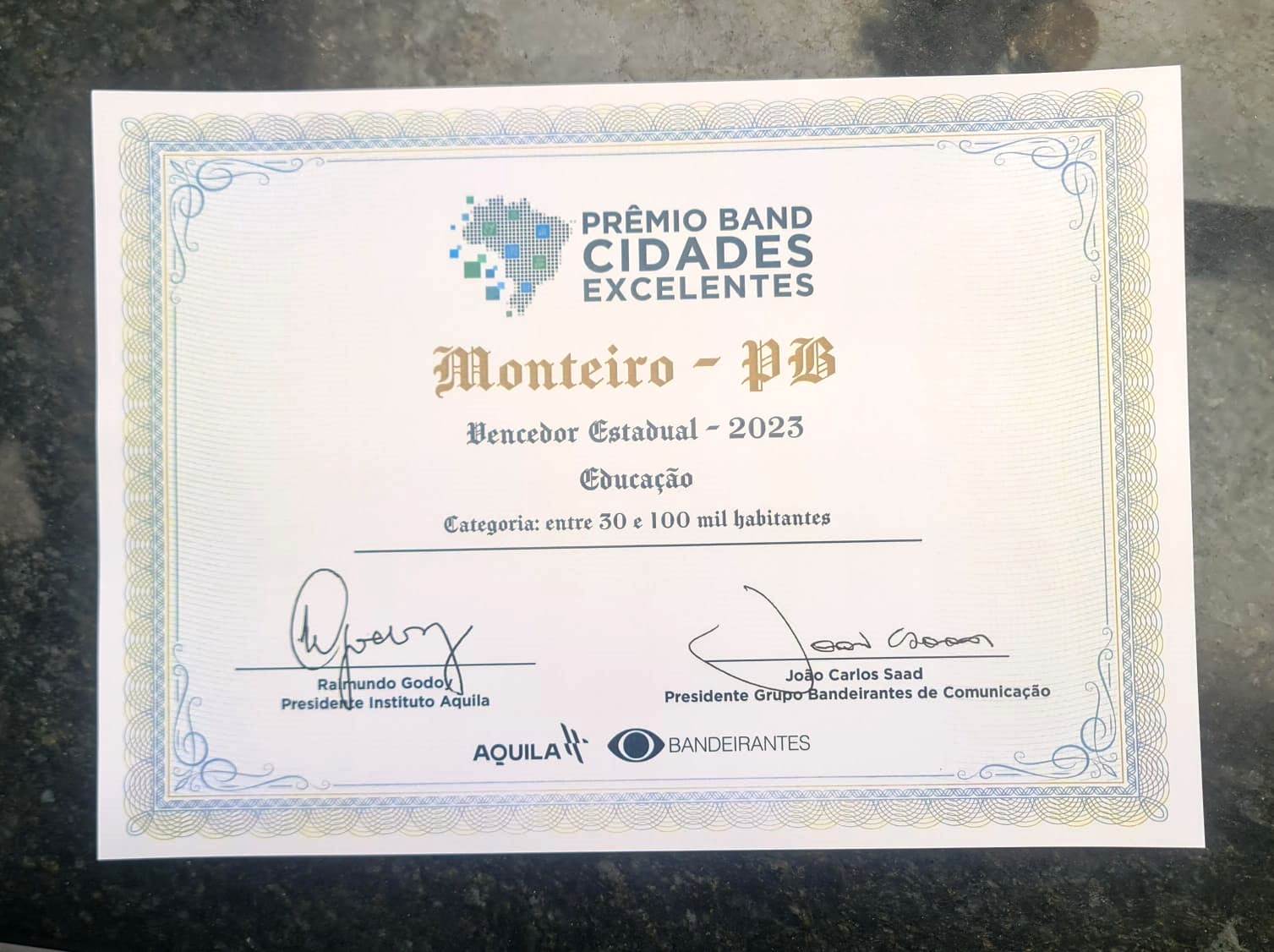Premio-Band1 Monteiro fica entre os três municípios no Prêmio Principal – IGMA Geral no "Prêmio Band Cidades Excelentes"