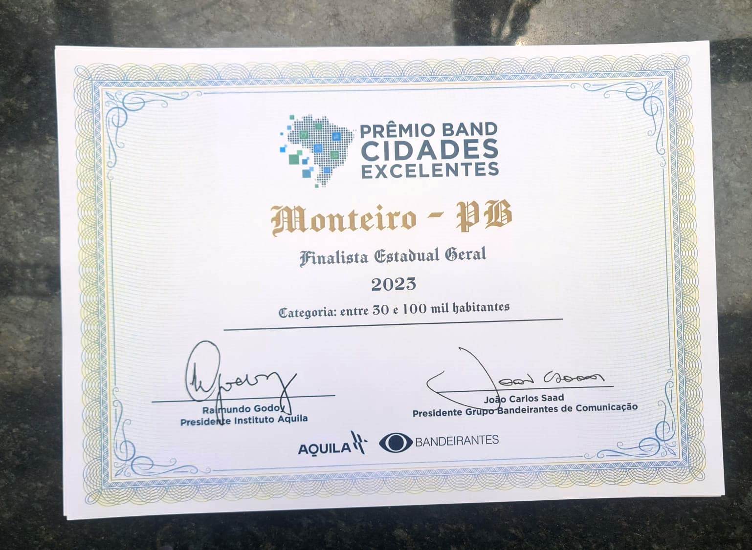 Premio-Band3 Monteiro fica entre os três municípios no Prêmio Principal – IGMA Geral no "Prêmio Band Cidades Excelentes"