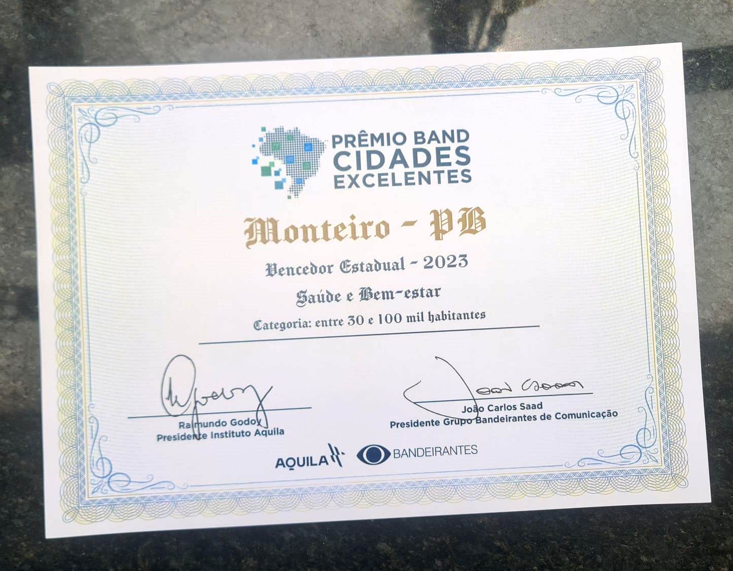 Premio-Band4 Monteiro fica entre os três municípios no Prêmio Principal – IGMA Geral no "Prêmio Band Cidades Excelentes"
