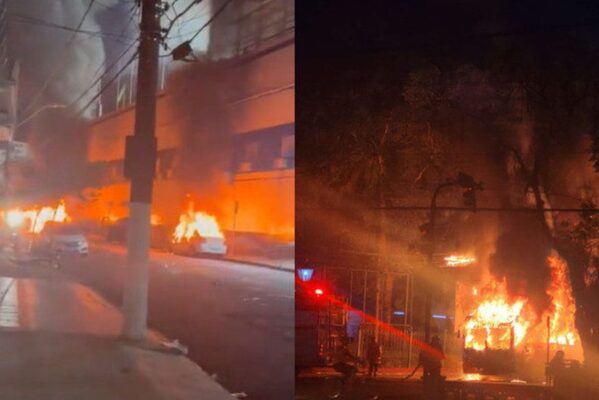 carrosquieimadossantos-599x400 VÍDEO: torcedores do Santos ateiam fogo em carros e ônibus após rebaixamento