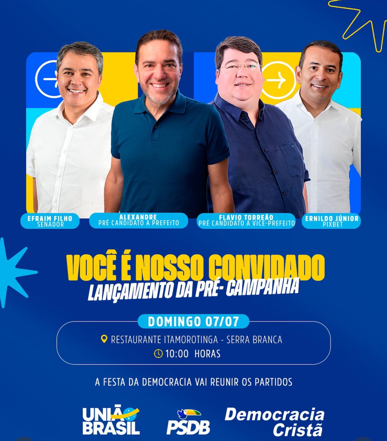 IMG-20240704-WA0163 Em Serra Branca: União Brasil, PSDB e Democracia Cristã vão lançar oficialmente às pré-candidaturas de Michel Alexandre e Flávio Torreão, no próximo domingo (7)