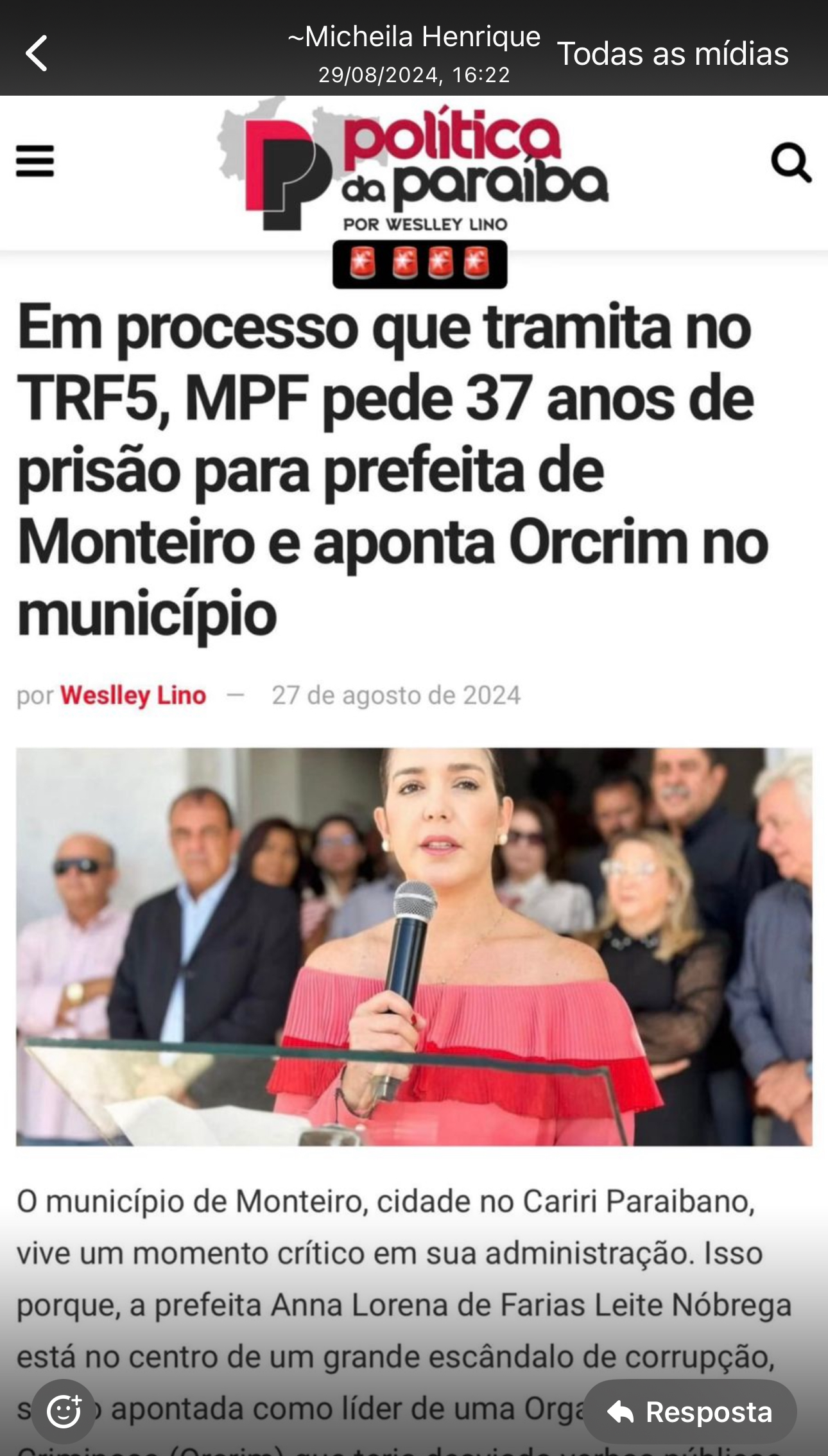 Captura-de-Tela-2024-08-30-as-09.34.56 Micheila Henrique, Filha de Edna Henrique, pode enfrentar mais de 3 Anos de prisão por Fake News contra Prefeita de Monteiro Anna Lorena