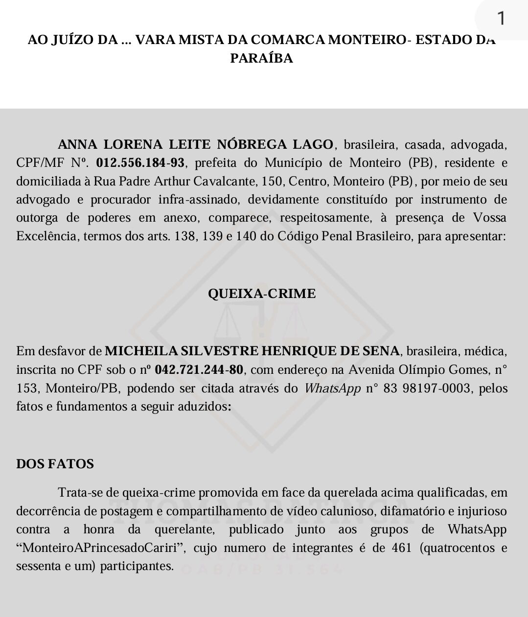 Screenshot_20240831_094055_Adobe-Acrobat-e1725109432453 Micheila Henrique, Filha de Edna Henrique, pode enfrentar mais de 3 Anos de prisão por Fake News contra Prefeita de Monteiro Anna Lorena