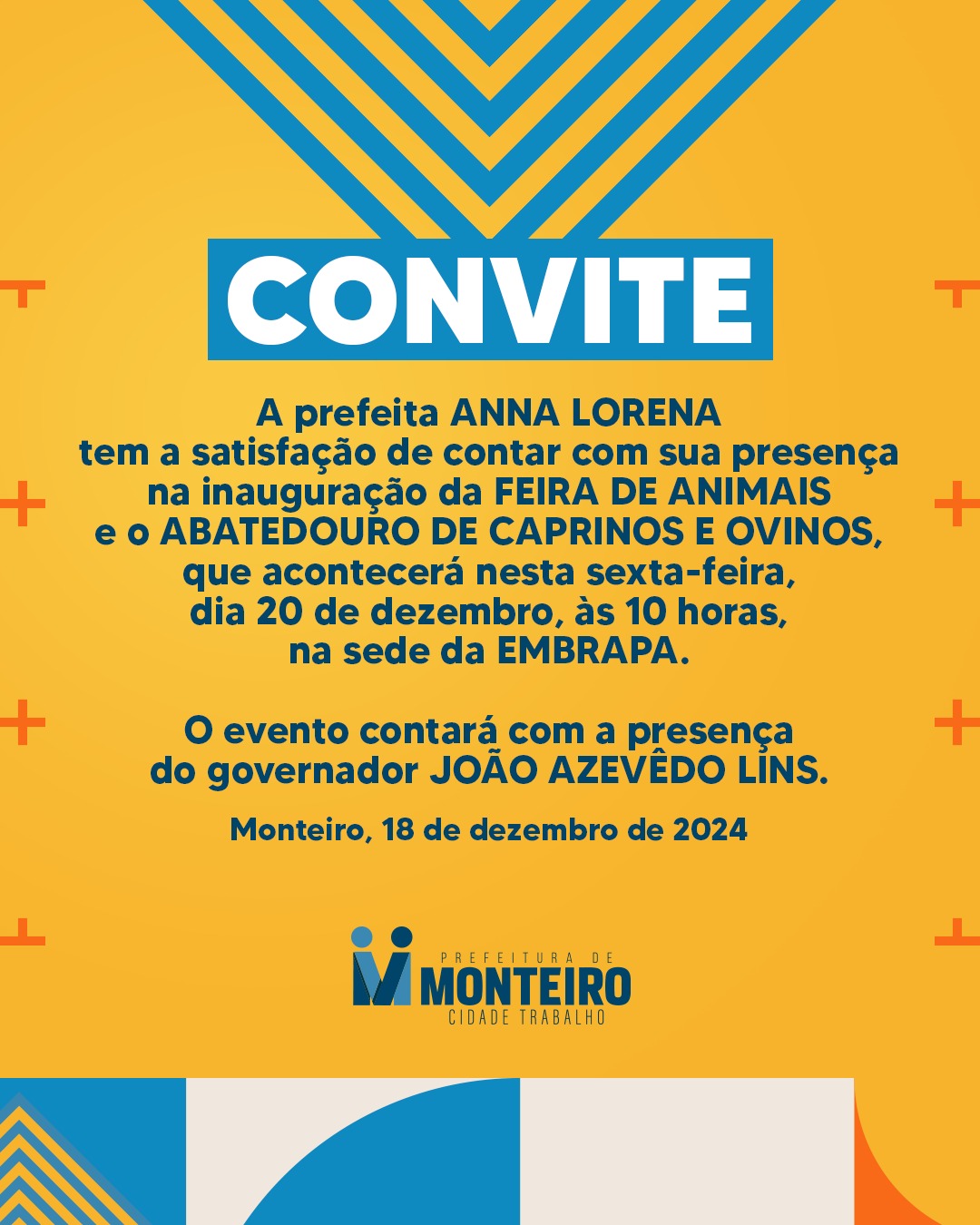 convite Prefeita Anna Lorena e governador João Azevêdo entregam Feira de Animais e Abatedouro de Caprinos e Ovinos 